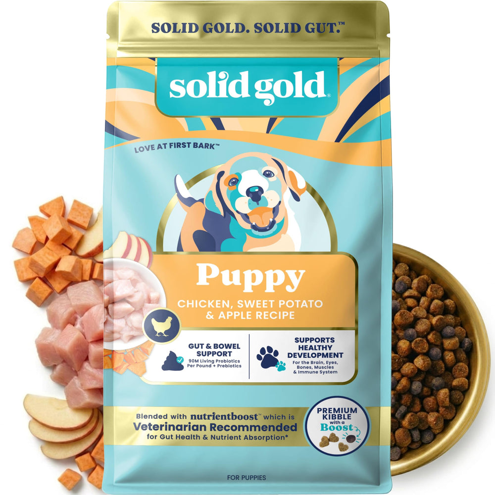 Solid Gold emballage avant montrant la formule pour chiots et praticité