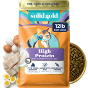 Solid Gold paquet 12 lb posé montrant l'étiquette et avantages nutritionnels