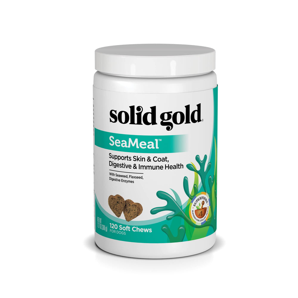 Solid Gold emballage SeaMeal 120ct montrant la marque et bénéfice nutritionnel