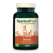 Spirited Paw emballage face montrant la poudre pour hygiène buccale bénéfice pratique