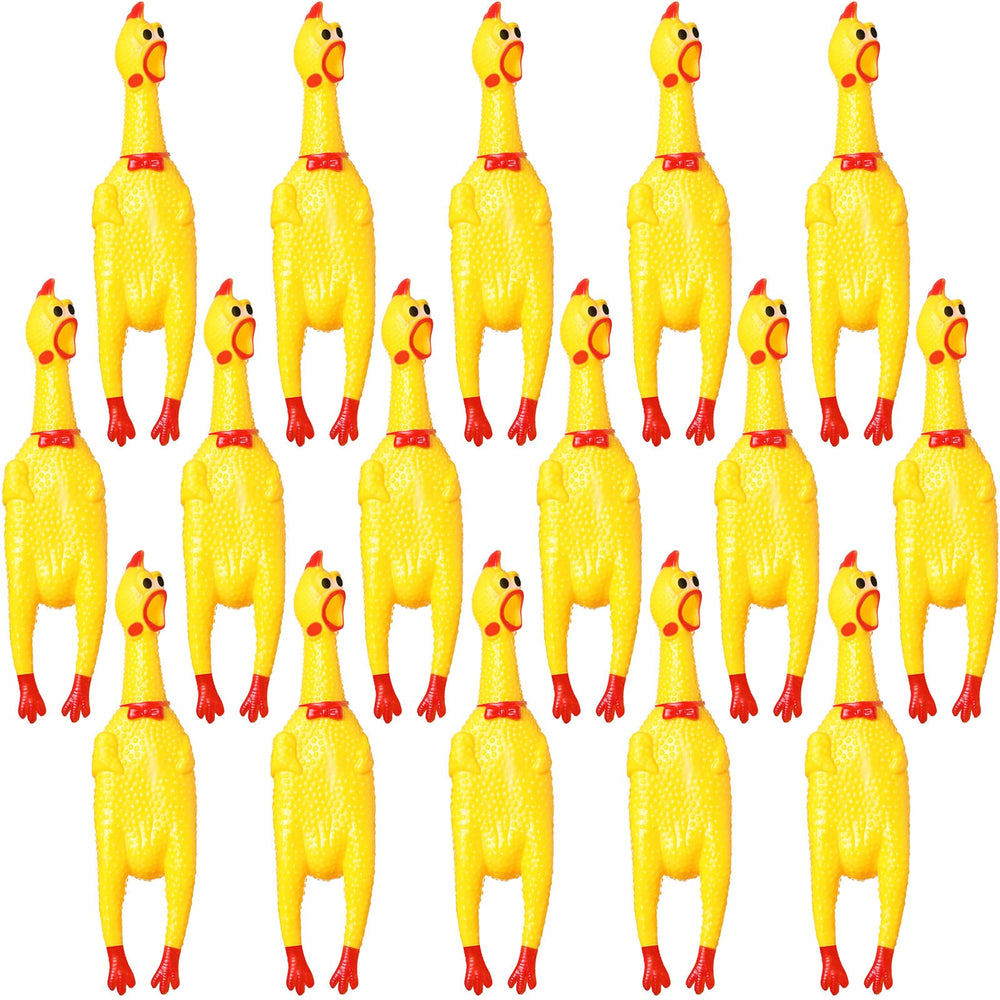 Sratte poulet pack avant montrant 16 jouets jaunes pour fêtes