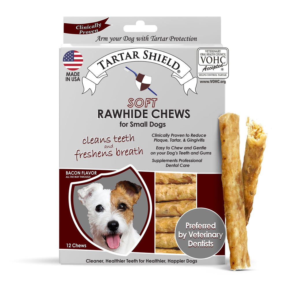 Tartar Shield emballage avant présentant 12 bâtonnets pour petits chiens, praticité