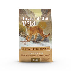 Taste of the Wild emballage avant montrant recette truite et saumon fumé et bénéfice nutritionnel