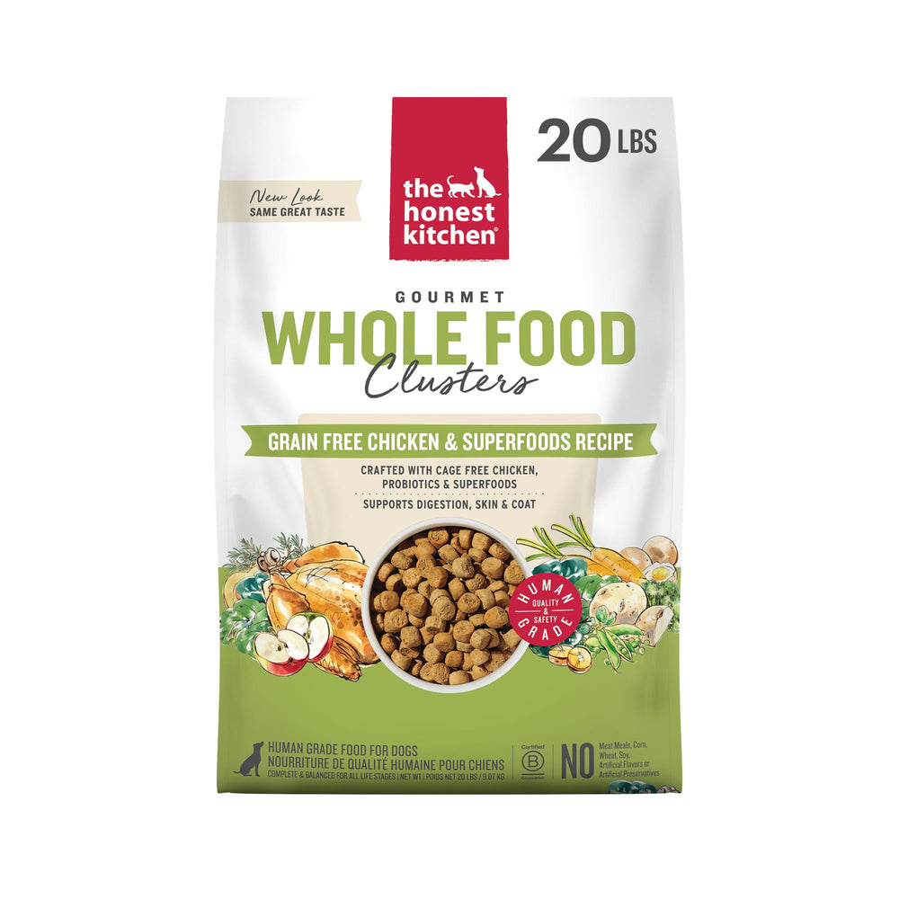 The Honest Kitchen emballage 20 lb montrant la marque et les bénéfices nutritionnels