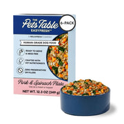 The Pets Table emballage EasyFresh porc épinards montrant étiquette claire et bénéfice praticité