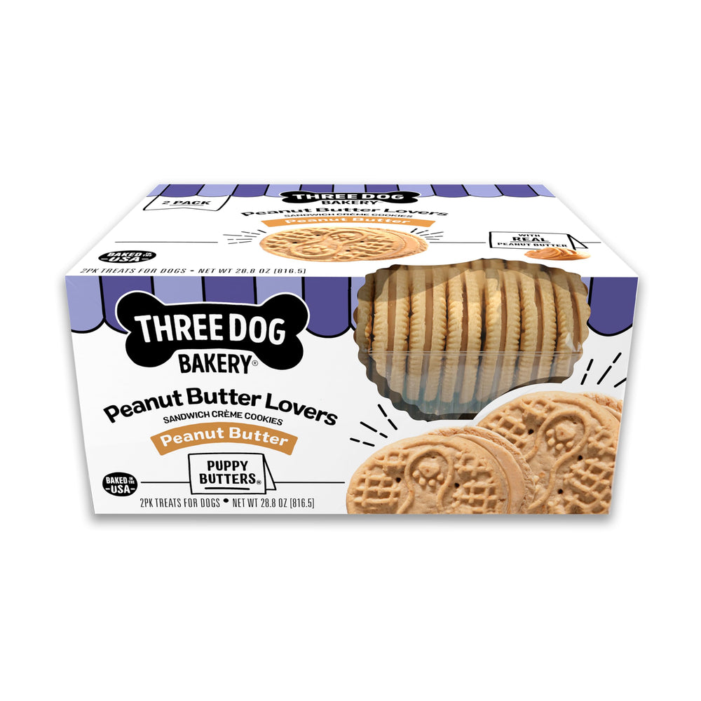 Three Dog Bakery emballage avant présentant biscuits sandwich au beurre de cacahuète, attrait visuel