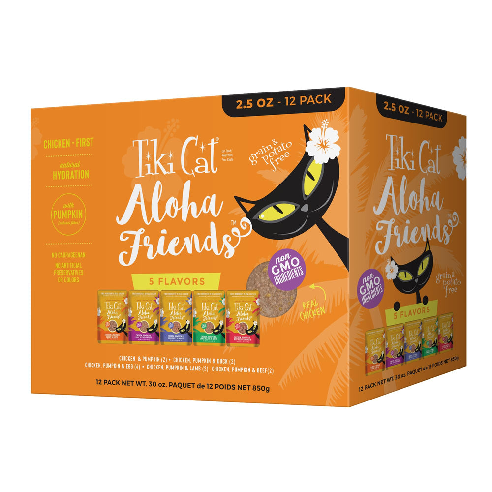 TIKI PETS face avant du pack varié montrant 12 sachets, utile pour choisir facilement