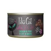 TIKI PETS boîte face montrant la recette Poulet & Porc, attrayante et claire