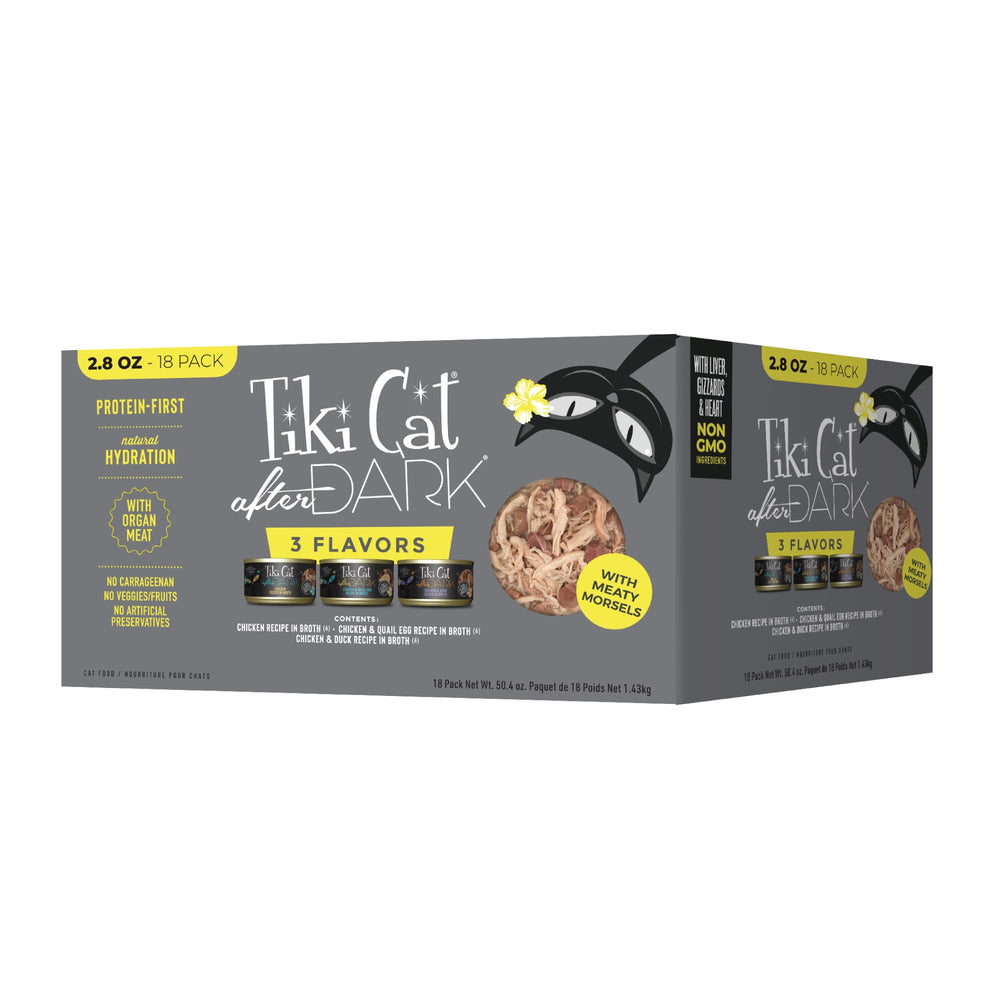 TIKI PETS emballage Tiki Cat After Dark face montrant pack varié attractif