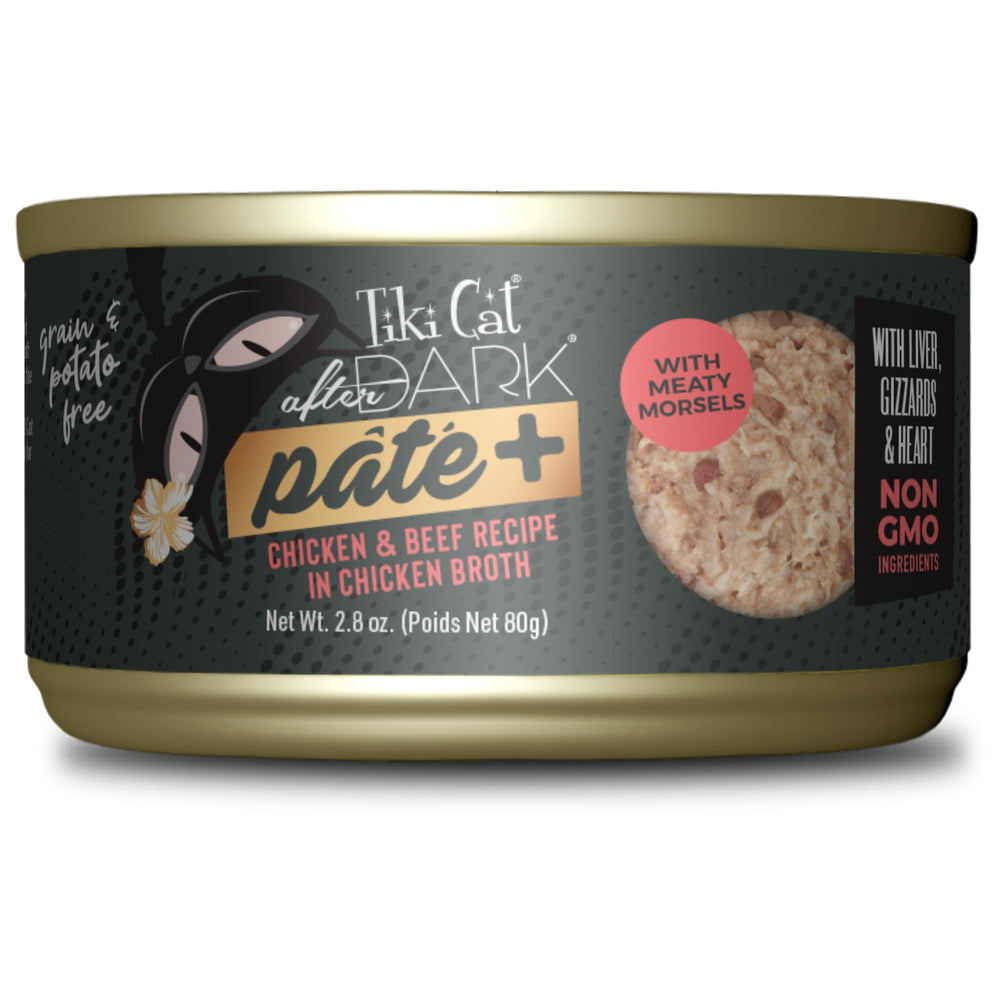 TIKI PETS boîte Tiki Cat After Dark Pâté+ face montrant l'emballage appétissant