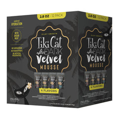 TIKI PETS emballage Tiki Cat Velvet Mousse montrant le pack variété, appétence améliorée