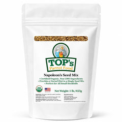 TOP's Parrot Food emballage avant montrant mélange biologique, rassurant pour propriétaires