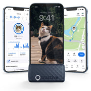 Tractive Smart Cat GPS face avant montrant le boîtier et couleur Dark Blue, localisation rapide