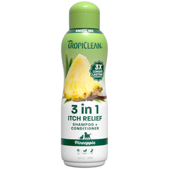TropiClean bouteille face montrant parfum ananas et bénéfice fraîcheur longue durée