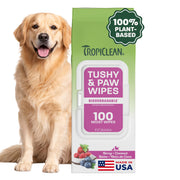 TropiClean emballage avant montrant 100 lingettes et ouverture pratique