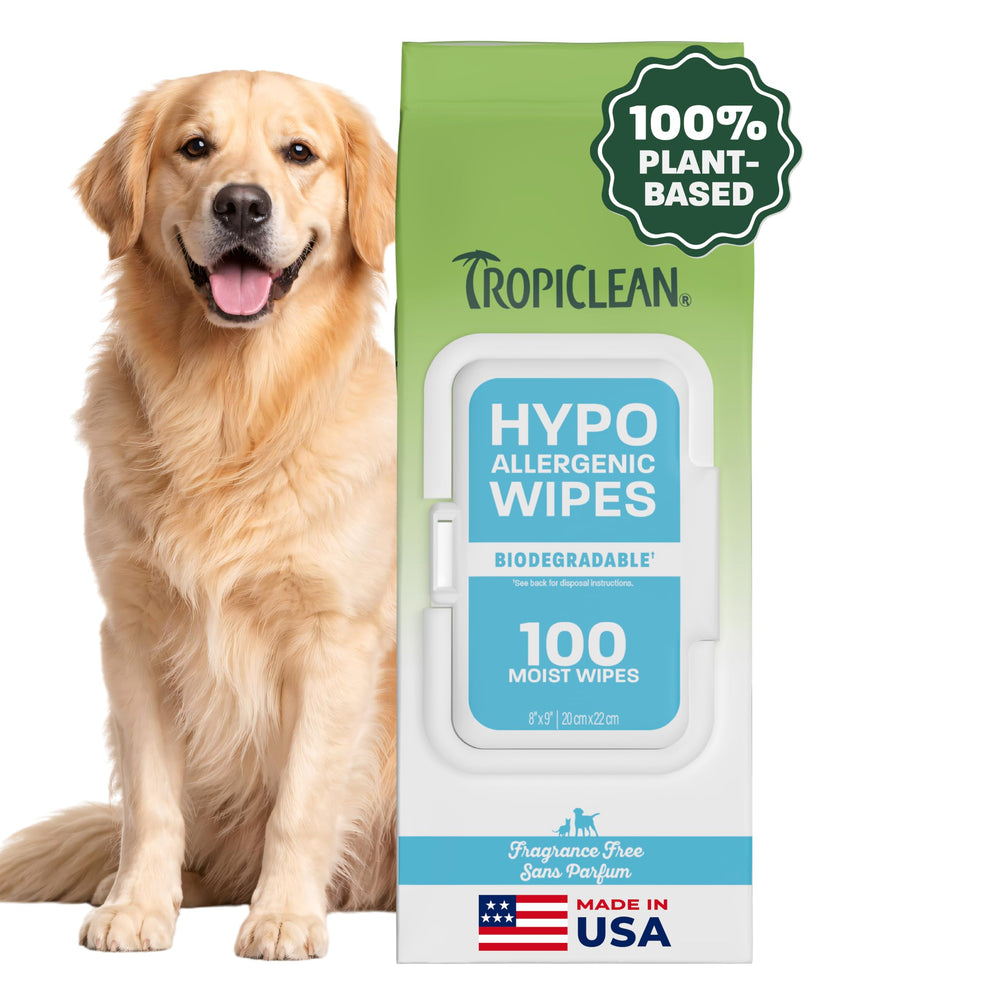 TropiClean emballage avant montrant 100 lingettes, pratique pour voyages