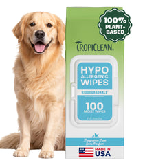 TropiClean emballage avant montrant 100 lingettes, pratique pour voyages