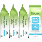TropiClean emballage avant montrant pack de 4 et 100 lingettes, pratique