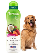 TropiClean flacon avant baie et noix de coco montrant l'emballage et bénéfice parfumé