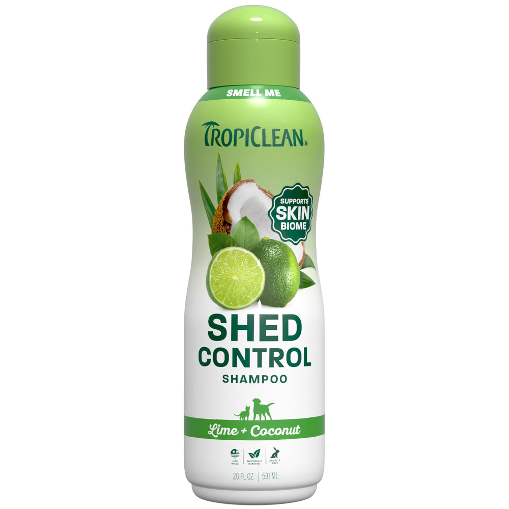 TropiClean flacon avant lime & coconut montrant taille et bénéfice nettoyage