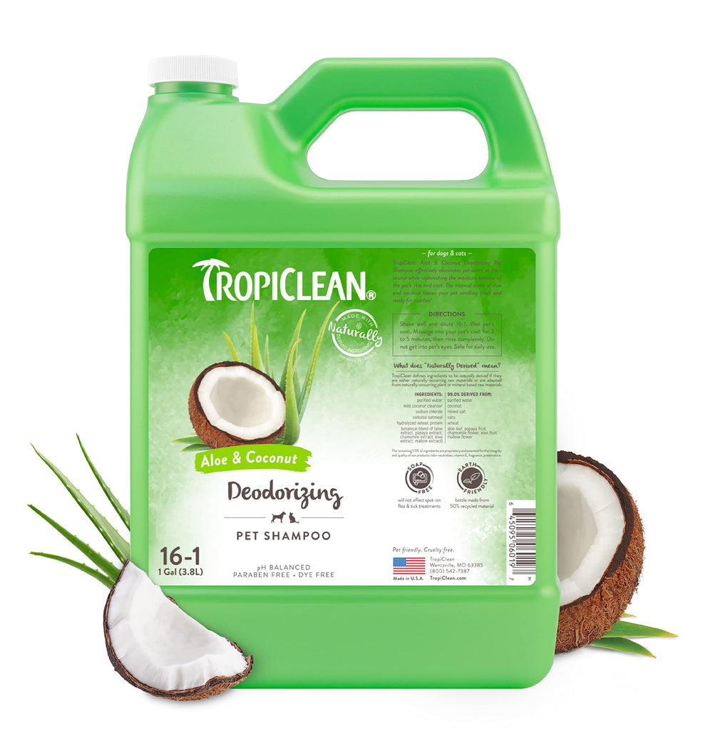 TropiClean grand format bouteille gallon montrant l’emballage et l’économie