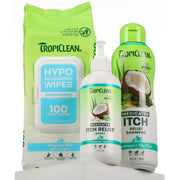 TropiClean face avant du coffret montrant les trois produits et utilité apaisante