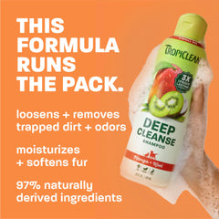 TropiClean appliqué sur chien dans baignoire pour un bain rapide et efficace