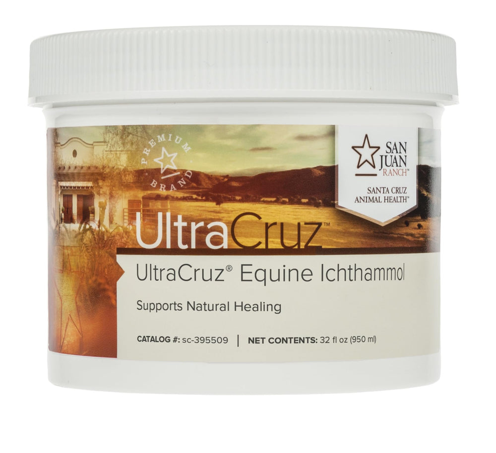 UltraCruz pot 32 oz montrant l'étiquetage et la quantité pour gestion d'écurie
