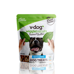 V-dog emballage avant Wiggle Biscuit montrant label bio et bénéfice naturel