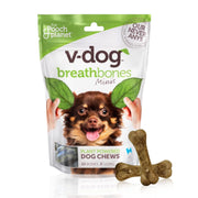V-dog emballage avant montrant sachet et bénéfice haleine fraîche
