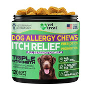 Vet Treat emballage avant montrant 120 chews pour peau apaisée