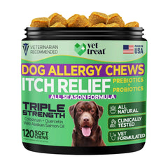 Vet Treat emballage avant montrant 120 chews pour peau apaisée