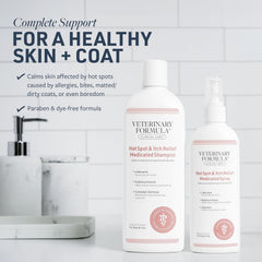 Veterinary Formula gros plan mousse shampooing montrant texture apaisante et hydratation