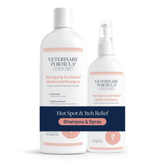Veterinary Formula face avant du pack montrant shampooing et spray pour confort cutané