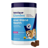 Vetnique Glandex boîte avant montrant 120 croquettes, facilite dosage quotidien
