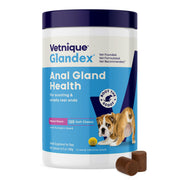 Vetnique Glandex boîte avant montrant 120 croquettes, facilite dosage quotidien