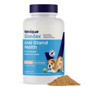 Vetnique Glandex emballage avant montrant format saumon et bénéfice confort anal