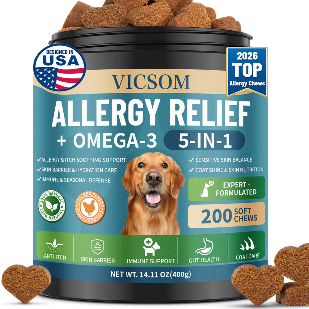 VICSOM emballage avant montrant 200 pastilles pour apaiser démangeaisons du chien