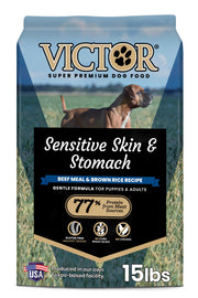 VICTOR emballage avant affichant bœuf et riz, rassurant pour chiens sensibles