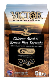 VICTOR emballage avant montrant la formule chicken meal et riz brun, rassurant