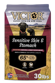 VICTOR emballage devant 30 lb montrant formule sensible pour peau et estomac