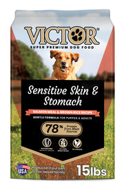 VICTOR emballage devant saumon et riz brun montrant formule hypoallergénique