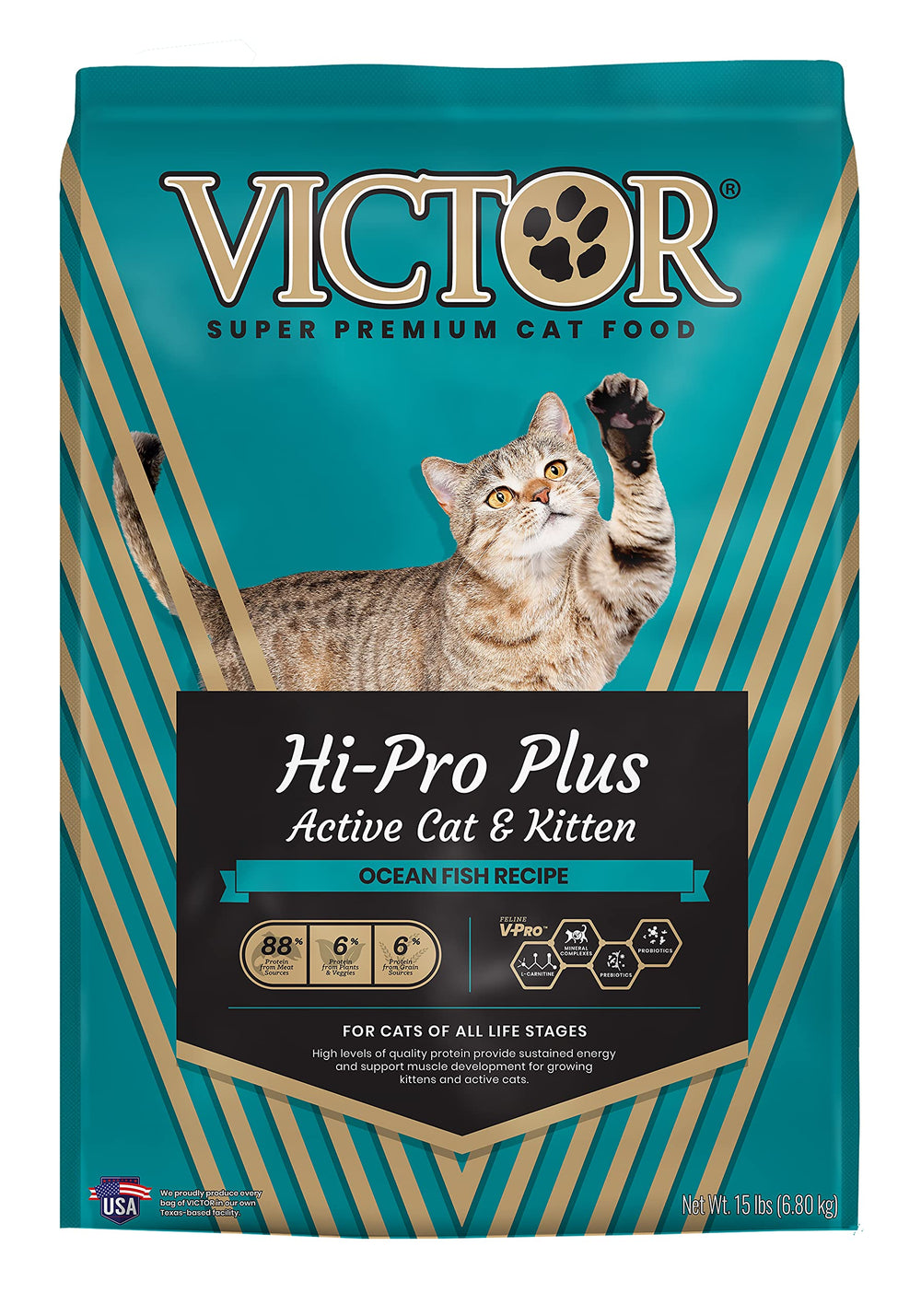 VICTOR sac avant du produit affichant le logo et poids 15 lb, rassure qualité locale