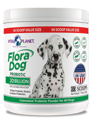 Vital Planet présentation du pack Vital Planet Flora Dog montrant format poudre et portion