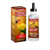 Flacon VITOFARMA multi-vitamin pour oiseaux montrant l'étiquette et l'emballage, pratique pour dosage