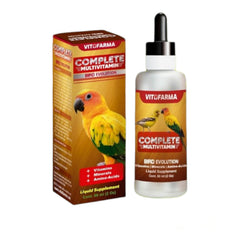 Flacon VITOFARMA multi-vitamin pour oiseaux montrant l'étiquette et l'emballage, pratique pour dosage