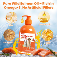 VUN huile de saumon versée sur croquettes pour un repas nutritif