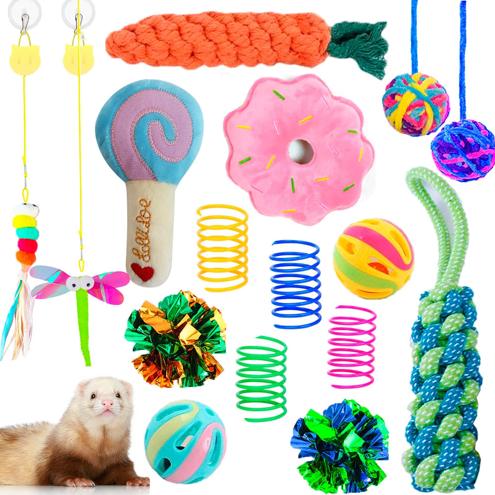 VZqola boîte frontale montrant 16 jouets variés pour stimuler les furets
