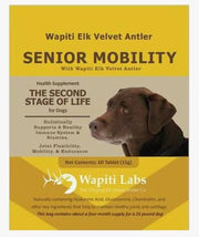 Wapiti Labs boîte de 60 comprimés pour mobilité chien âgé montrant l’emballage et avantage naturel