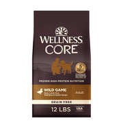 Wellness CORE face avant de l'emballage montrant la recette Wild Game et bénéfice haute protéine